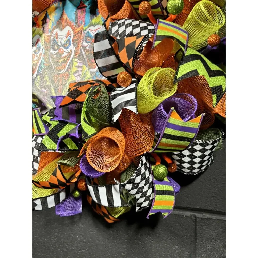 Scary Halloween Wreath Creepy Killer Clowns Handmade XL 24 Inch Deco Mesh